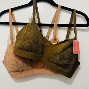 Lace Bralette Set - Olive and Nude
